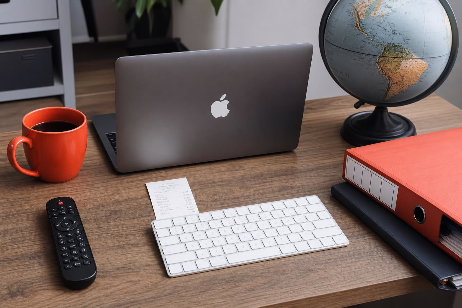 KDB Tech-Update 202607161502 Schreibtisch mit Laptop, weißer Tastatur, Fernbedienung, Kaffeetasse, Globus und Aktenordner; geordnetes Setup für Büroarbeit und Planung.