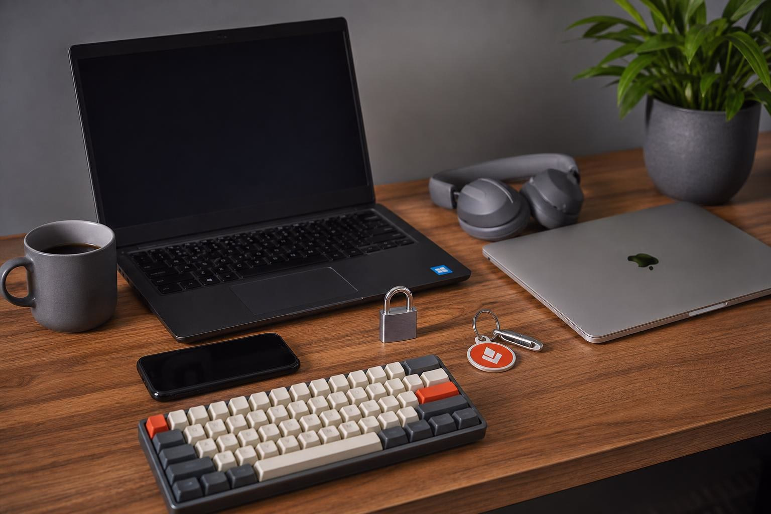 KDB Tech-Update 202607171503 Schreibtisch mit Laptop und MacBook, Smartphone, Retro-Tastatur sowie Schloss und Schlüsselanhänger zum Symbolisieren von Sicherheit und Schutz.