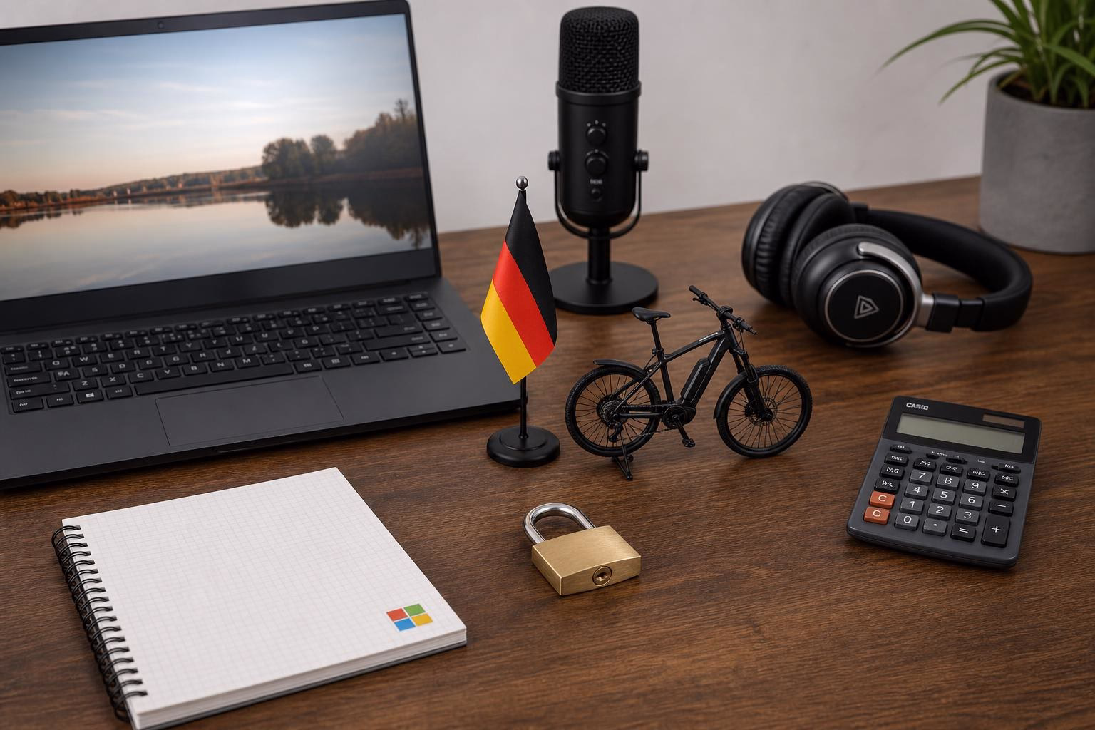 KDB Tech-Update 202607181505 Arbeitsplatz mit Laptop, Mikrofon, Over-Ear-Kopfhörern, Notizbuch, Taschenrechner, Vorhängeschloss und Deutschlandflagge; zeigt Themen zu Beratung und Sicherheit.
