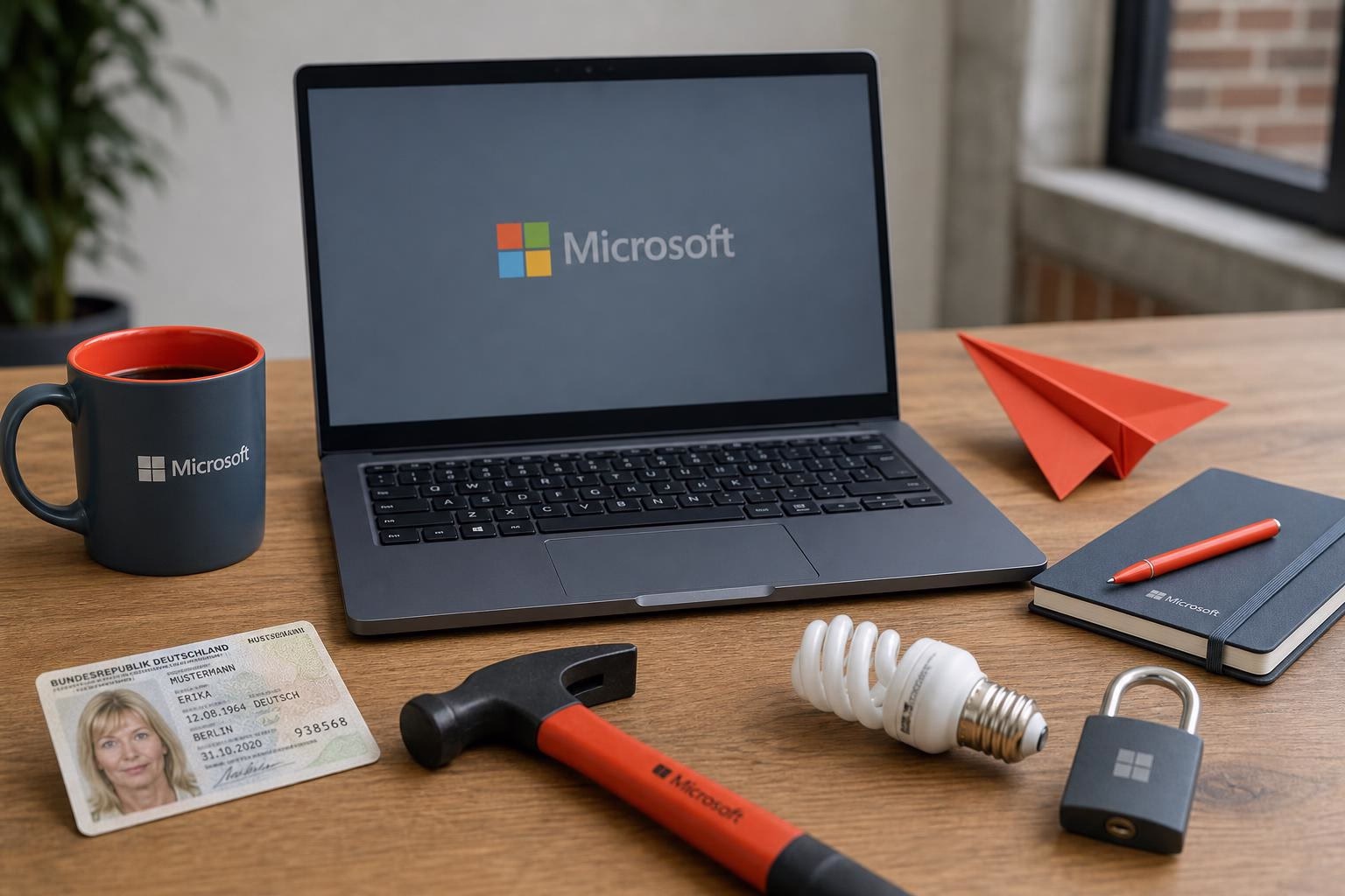 KDB Tech-Update 202607190501 Schreibtisch mit geöffnetem Laptop, Kaffeetasse, Papierflieger, Notizbuch, Hammer, Energiesparlampe mit Schloss sowie Ausweis und Stift.