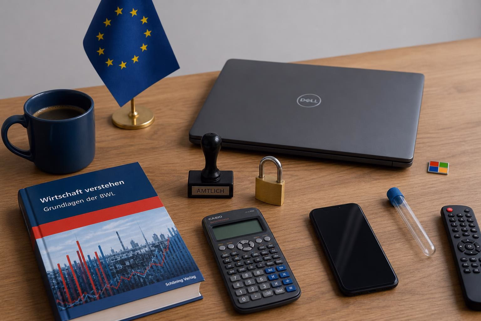 KDB Tech-Update 202607191503 Schreibtisch mit Laptop, EU-Flagge, Buch, Taschenrechner, Smartphone, Fernbedienung, Reagenzglas und Vorhängeschloss als Symbol für Sicherheit und Technik.