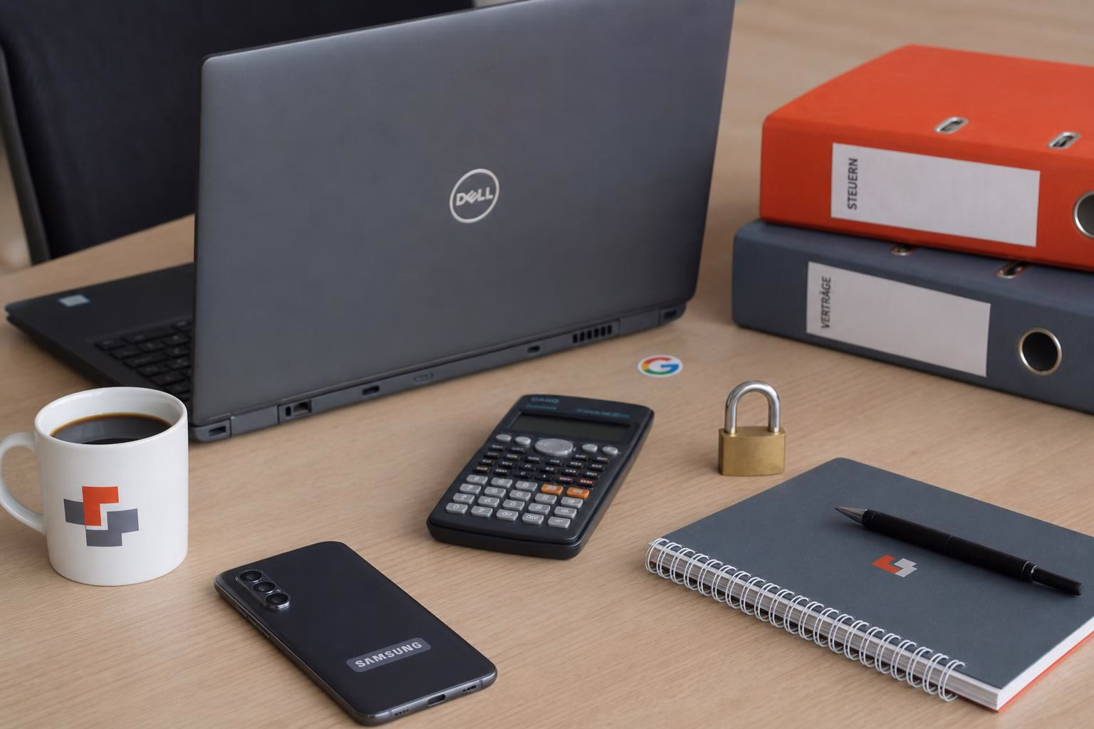 KDB Tech-Update 202607200502 Schreibtisch mit geöffnetem Laptop, Kaffeetasse, Taschenrechner, Smartphone, Vorhängeschloss, Notizbuch, Stift und Ordnern als Arbeits-Setup.
