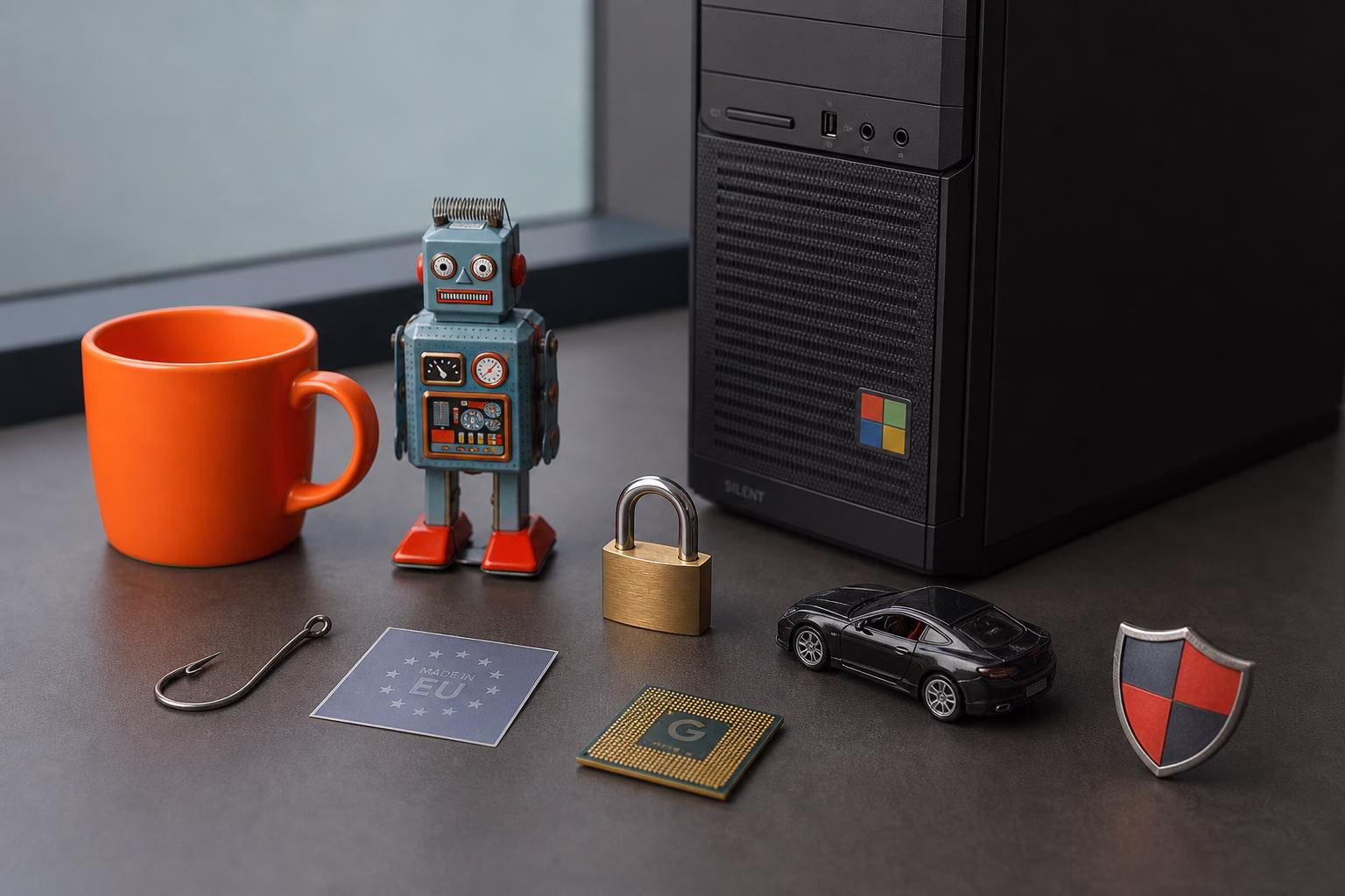 KDB Tech-Update 202607210502 Schreibtisch mit orangefarbener Tasse, Spielzeugroboter, geöffneter Euro- und Sicherheitsausrüstung: PC-Tower, Mikrochip, Schloss und Modellauto.