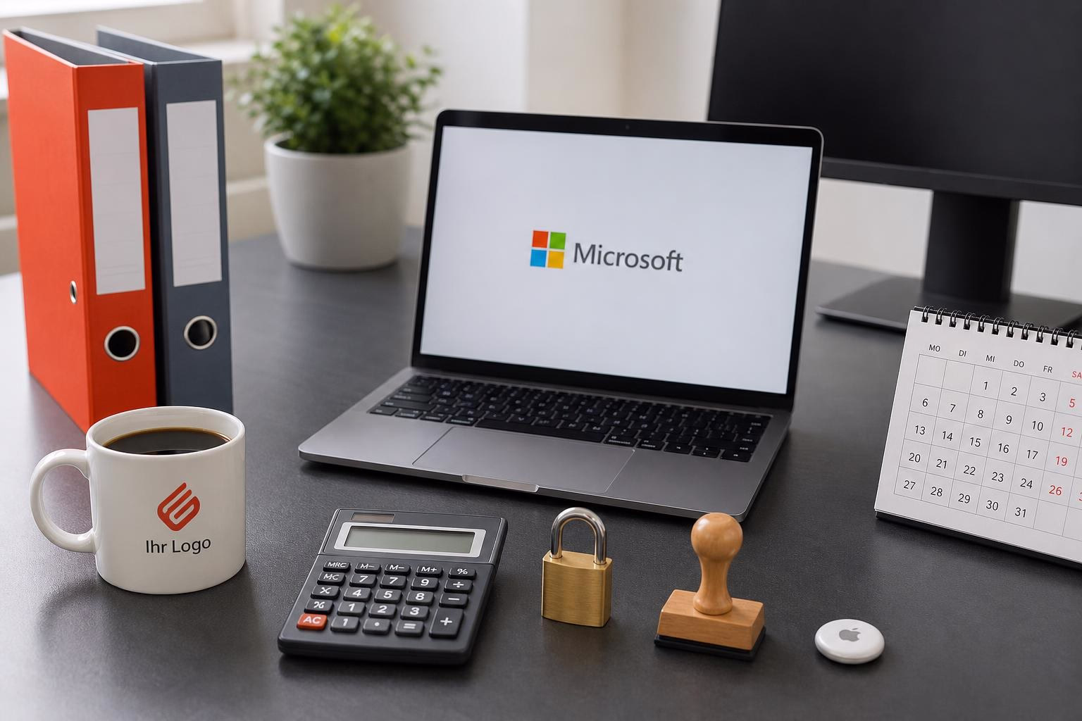 KDB Tech-Update 202607220502 Schreibtisch mit Laptop, Aktenordnern, Stempel, Taschenrechner, Kalender und Vorhängeschloss; deutet Planung und Dokumentenorganisation an.