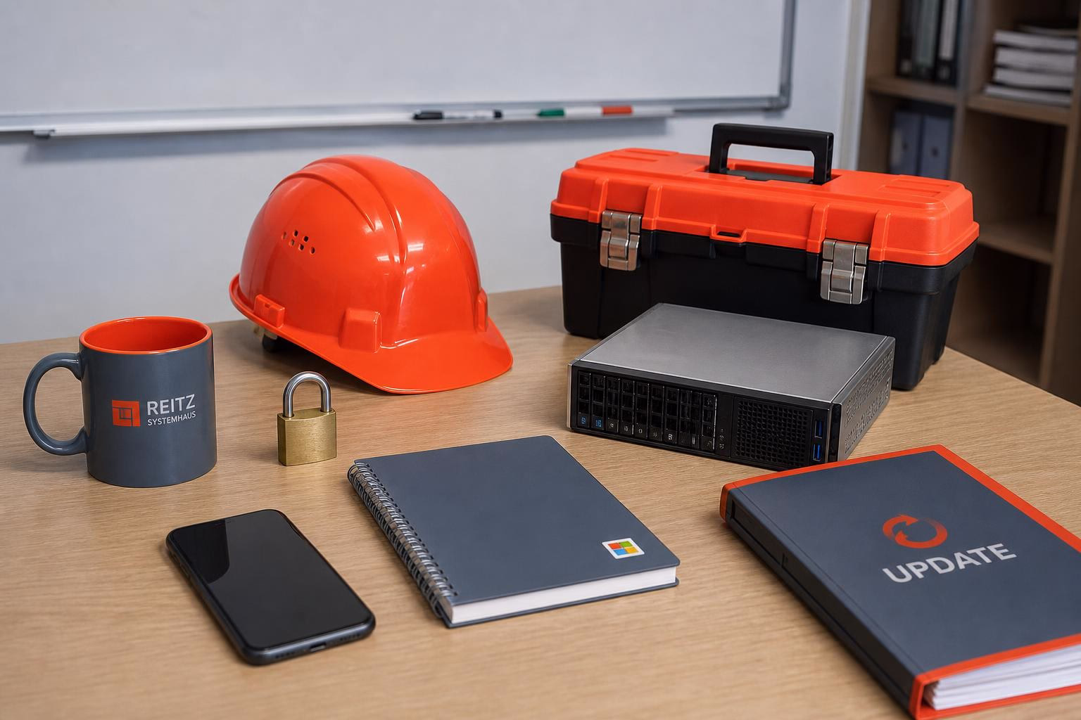 KDB Tech-Update 202607221502 Schreibtisch mit orangefarbenem Helm, Vorhängeschloss und Laptop-Server, dazu Update-Mappe, Smartphone und Tasse; zeigt IT-/Sicherheitsvorbereitung.