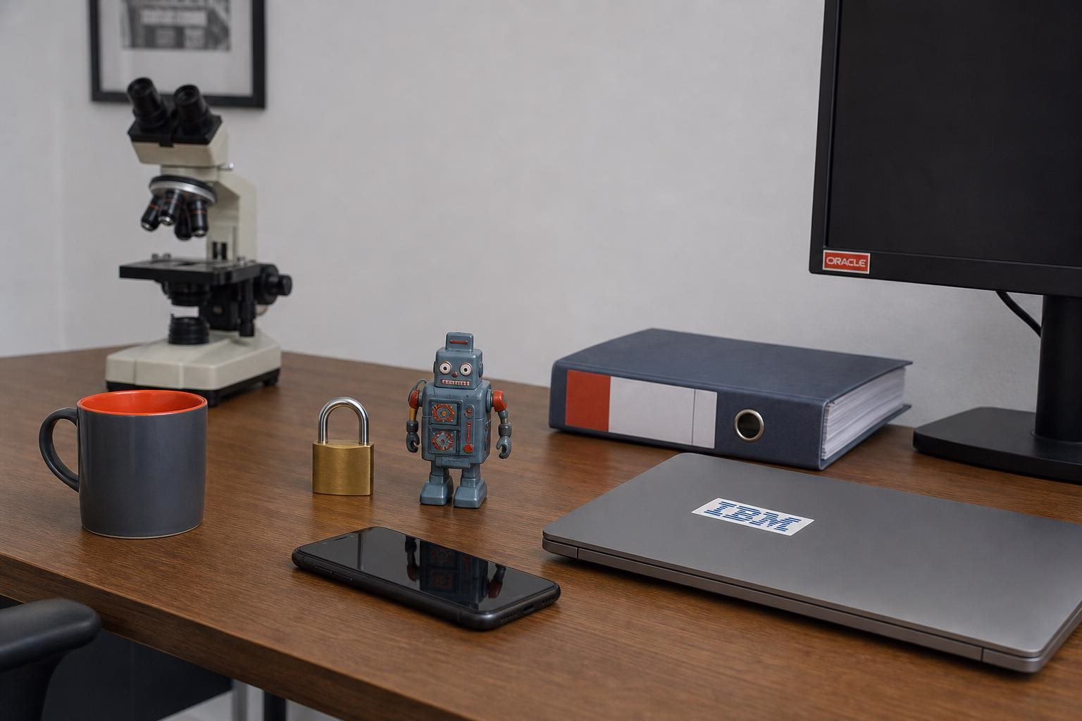 KDB Tech-Update 202607230501 Schreibtisch mit Mikroskop, Roboterfigur, gesperrtem Vorhängeschloss, Smartphone und Laptop; visuell für Technik-Update und Sicherheit.