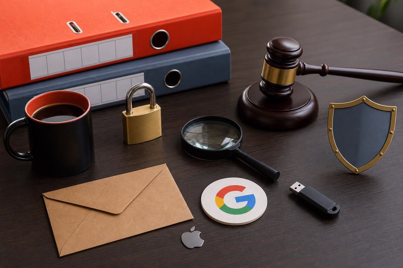 KDB Tech-Update 202607231503 Schreibtisch mit Ordnern, Vorhängeschloss, Briefumschlag, USB-Stick, Lupe, Richterhammer und Schutzschild—Symbol für Sicherheit und Prüfung von Dokumenten.