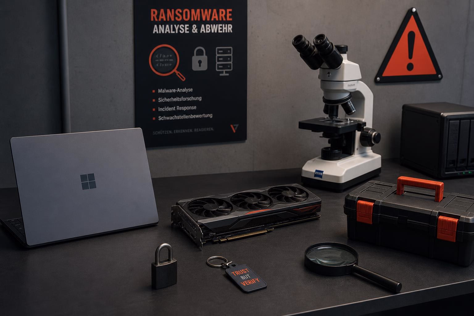 KDB Tech-Update 202607241502 Schreibtisch mit Laptop, Grafikkarte, Mikroskop, Lupe, Warnschild, Werkzeugkiste, Schloss und Schlüsselanhänger; Symbolik für Sicherheitsanalyse und Schutz vor Bedrohungen.