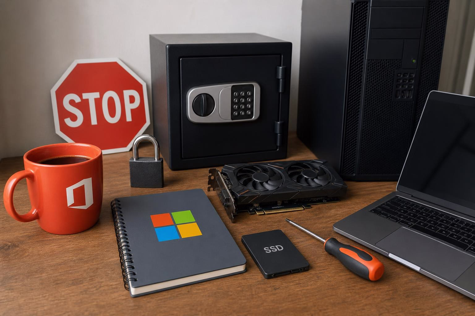 KDB Tech-Update 202607251501 Schreibtisch mit geöffnetem Safeschutz: Tresor, Vorhängeschloss, Stoppschild, Notebook, Server und Grafikkarte sowie Werkzeug und SSD zur Wartung.