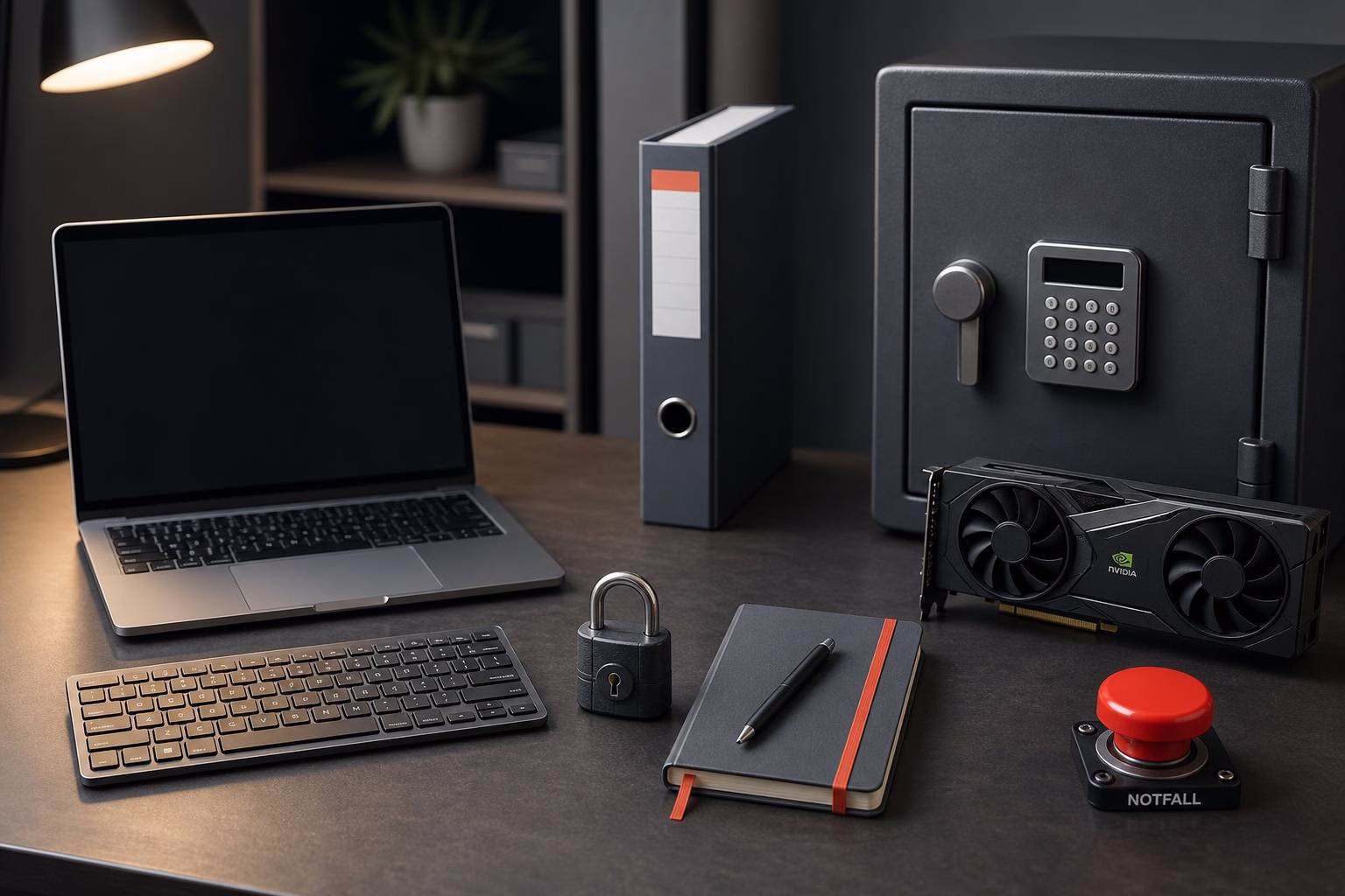 KDB Tech-Update 202607260501 Schreibtisch mit Laptop, Tastatur, Vorhängeschloss, Tresor mit Zahlenschloss, Notizbuch, Ordnern und rotem Notfallknopf als Sicherheitsausstattung.