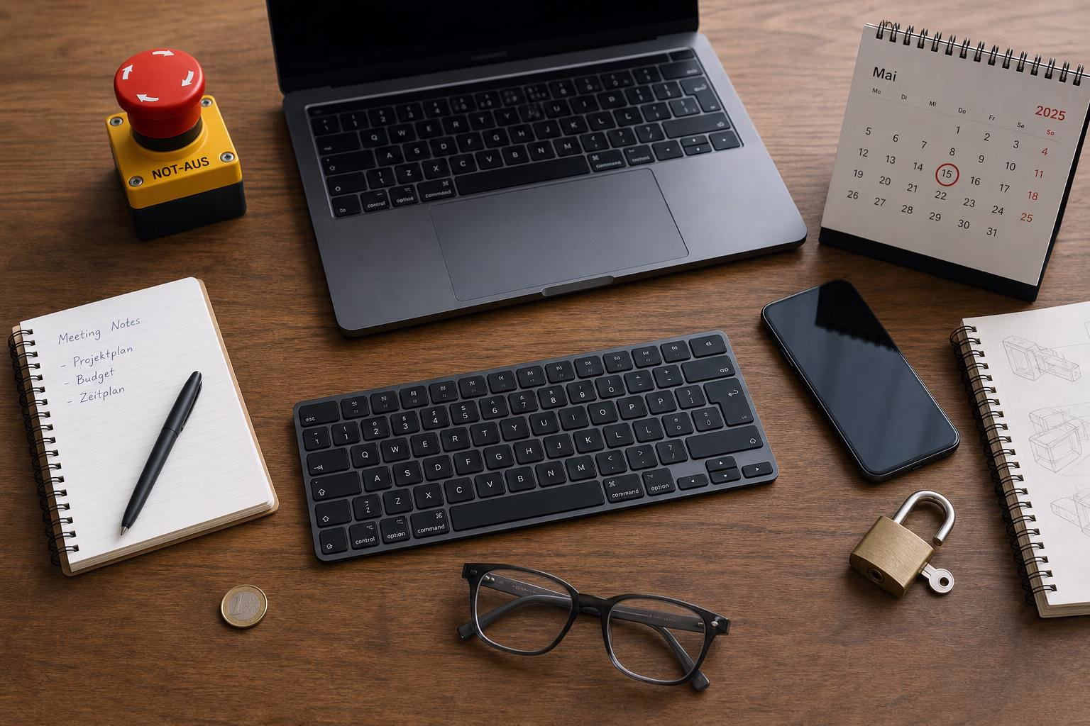 KDB Tech-Update 202607261503 Arbeitsplatz mit Laptop, Tastatur, Notizbuch und Kalender; roter Not-Aus-Schalter, Smartphone, Münze, Skizzenbuch und Vorhängeschloss.
