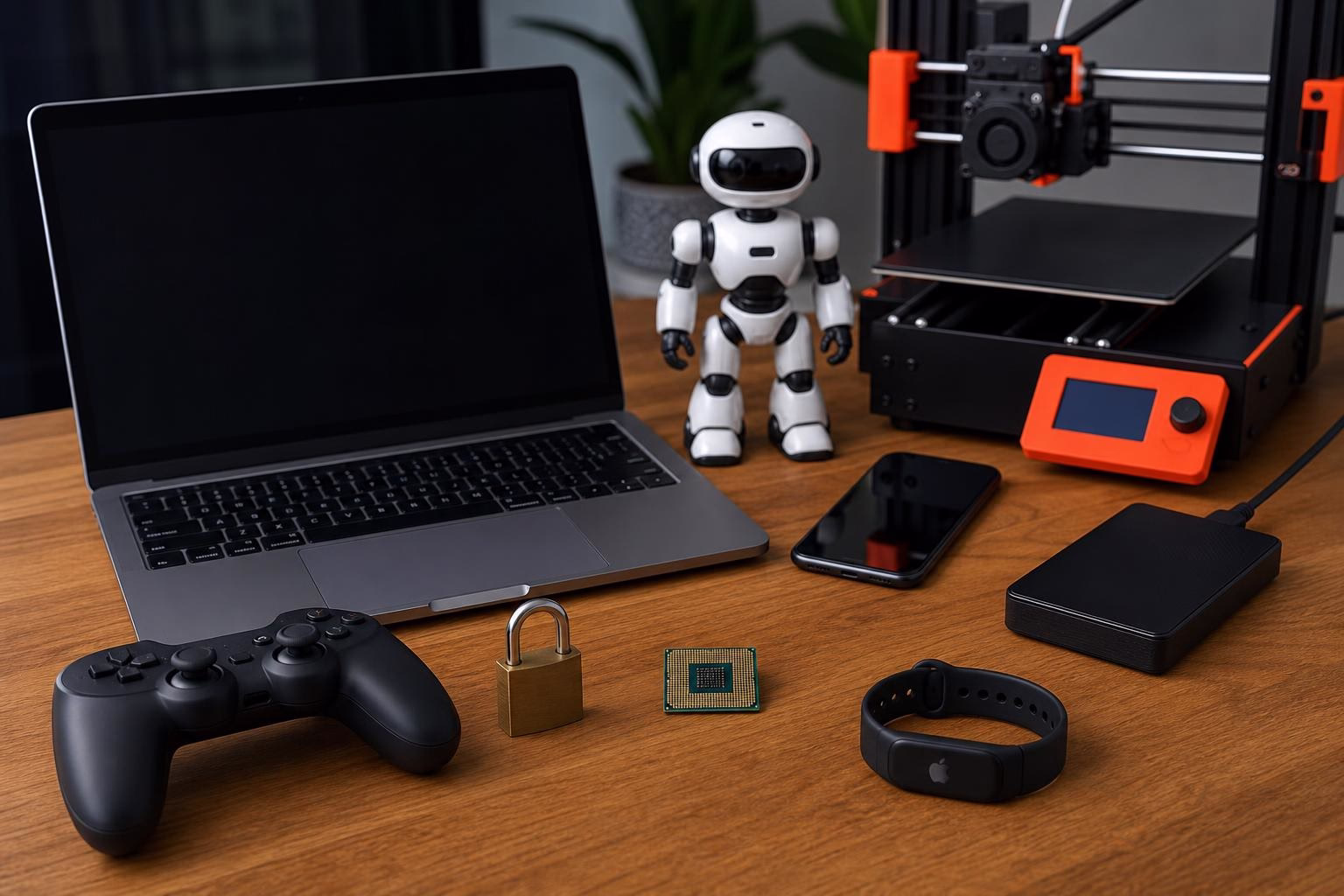 KDB Tech-Update 202607271504 Schreibtisch mit Laptop, Roboterfigur, Gamepad, Smartphone, Smartwatch, externer Festplatte, Mikrochip und 3D-Drucker—zeigt Technik und Sicherheit.