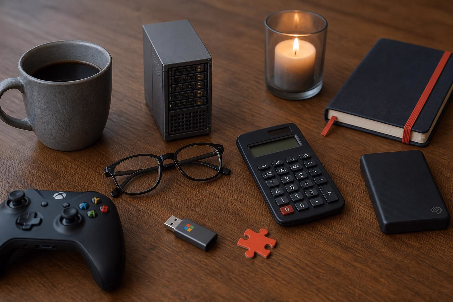 KDB Tech-Update 202607280506 Schreibtisch mit Kaffeetasse, brennender Kerze, Mini-Server, USB-Stick, Puzzle-Teil, Brille, Taschenrechner, Gamecontroller und Notizbuch.