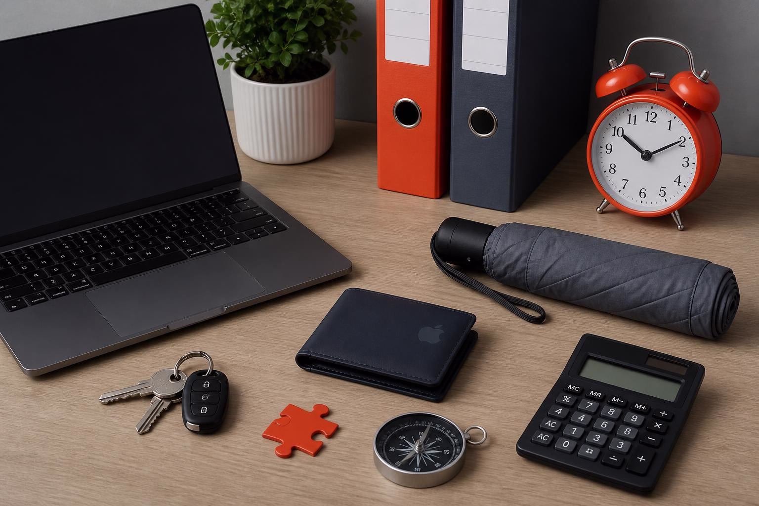 KDB Tech-Update 202607281505 Schreibtisch mit Laptop, Ordnern und Wecker; Geldbörse, Schlüssel, Kompass, Puzzle-Teil und Taschenrechner liegen für Planung und Organisation bereit.