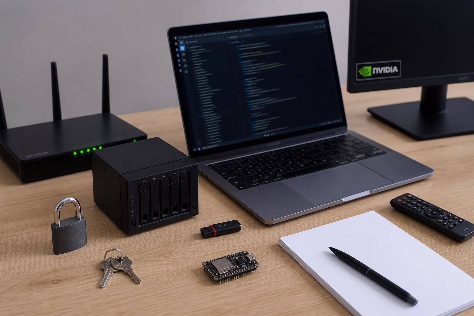 KDB Tech-Update 202607291501 Schreibtisch mit Laptop, Router, Speichermodul, Mikrocontroller-Board und USB-Stick; daneben Schloss und Schlüssel als Symbol für Datensicherheit.