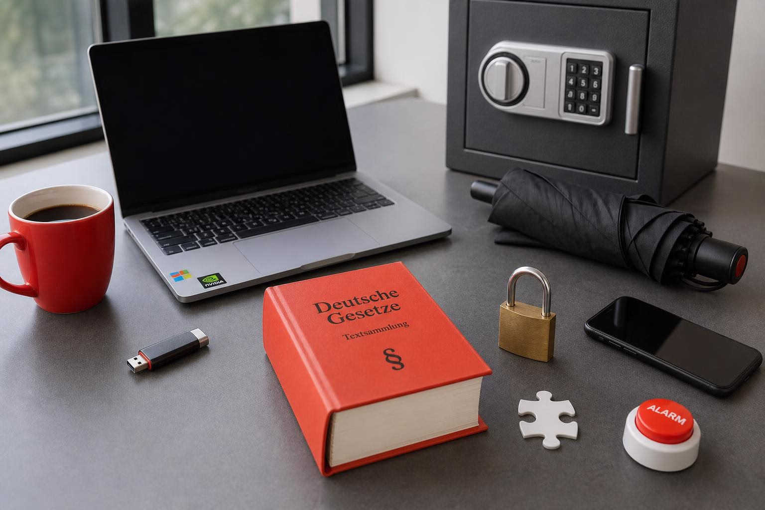 KDB Tech-Update 202607301504 Schreibtisch mit Laptop, rotem Gesetzbuch, USB-Stick, Smartphone, Vorhängeschloss im Tresen, Alarmknopf und Puzzle-Teil als Symbol für Sicherheit.