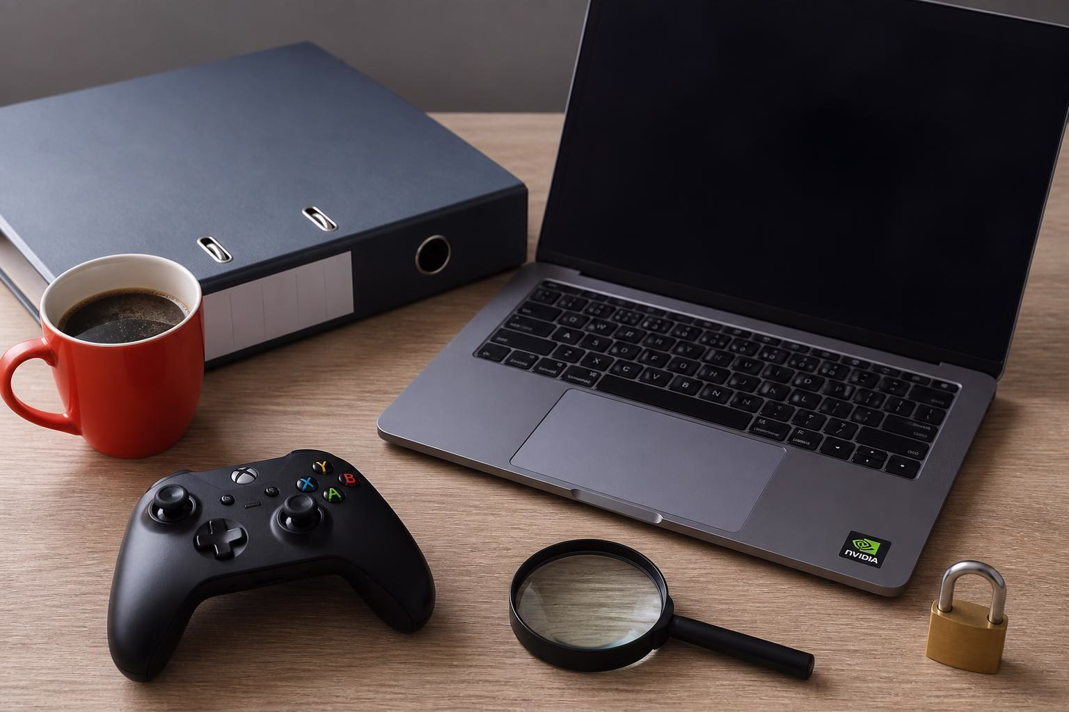 KDB Tech-Update 202607310501 Schreibtisch mit Laptop, Kaffeetasse, Papierordnern, Spielcontroller, Lupe und Vorhängeschloss; zeigt Arbeits- und Prüf-Setup.