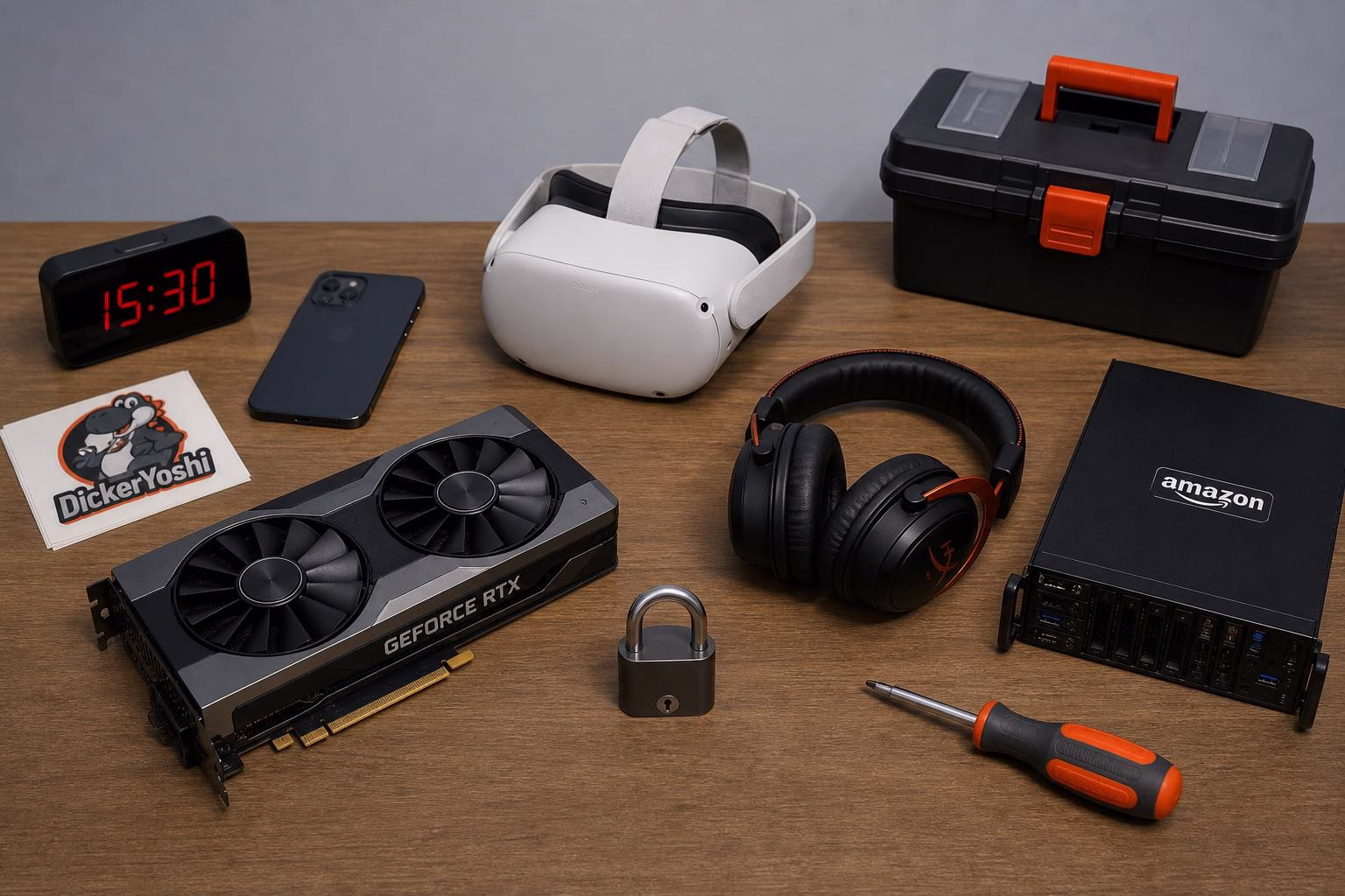 KDB Tech-Update 202607311503 Schreibtisch mit VR-Brille, Kopfhörern und Grafikkarte; daneben Smartphone, Werkzeuge, Vorhängeschloss, Uhr, Server und mobile Station für Technik-Setup