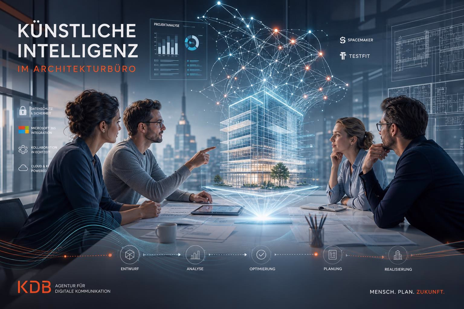 bild-ki-recherche Beratungsrunde im Architekturbüro mit digitalen Projekt-Overlays, dreidimensionalem Gebäude-Modell und Netzwerkdiagrammen zur KI-gestützten Planung