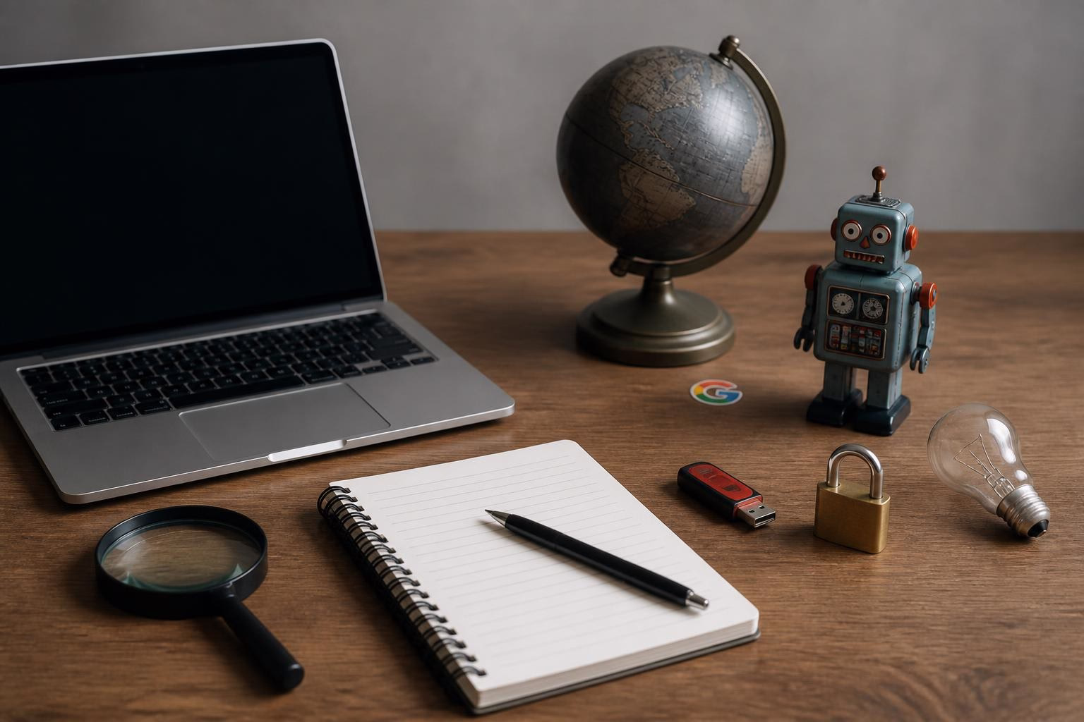 KDB Tech-Update 202608031505 Schreibtisch mit Laptop, Globus, Roboterfigur und Notizblock; Symbole für Technikrecherche, Dokumentation und Ideenentwicklung.