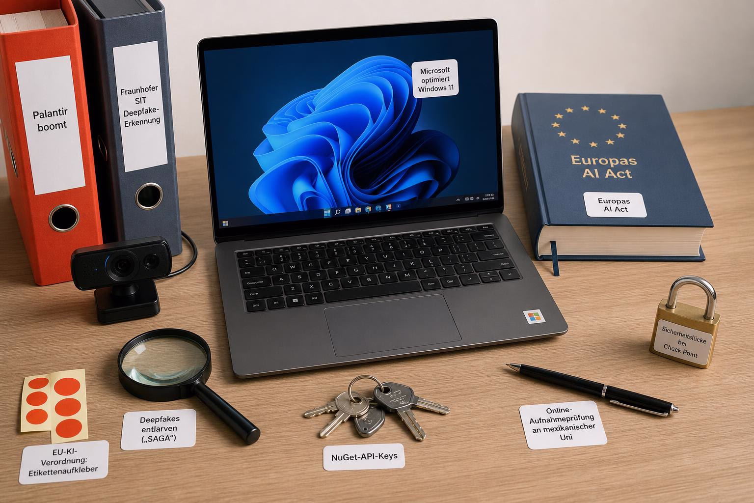 KDB Tech-Update 202608041506 Schreibtisch mit Laptop, EU-KI-Gesetzbuch, verschlüsselten Labels, Lupe, Schlüsselbund, Webcam und Schloss—Symbolik für IT-Sicherheit und KI-Regulierung.