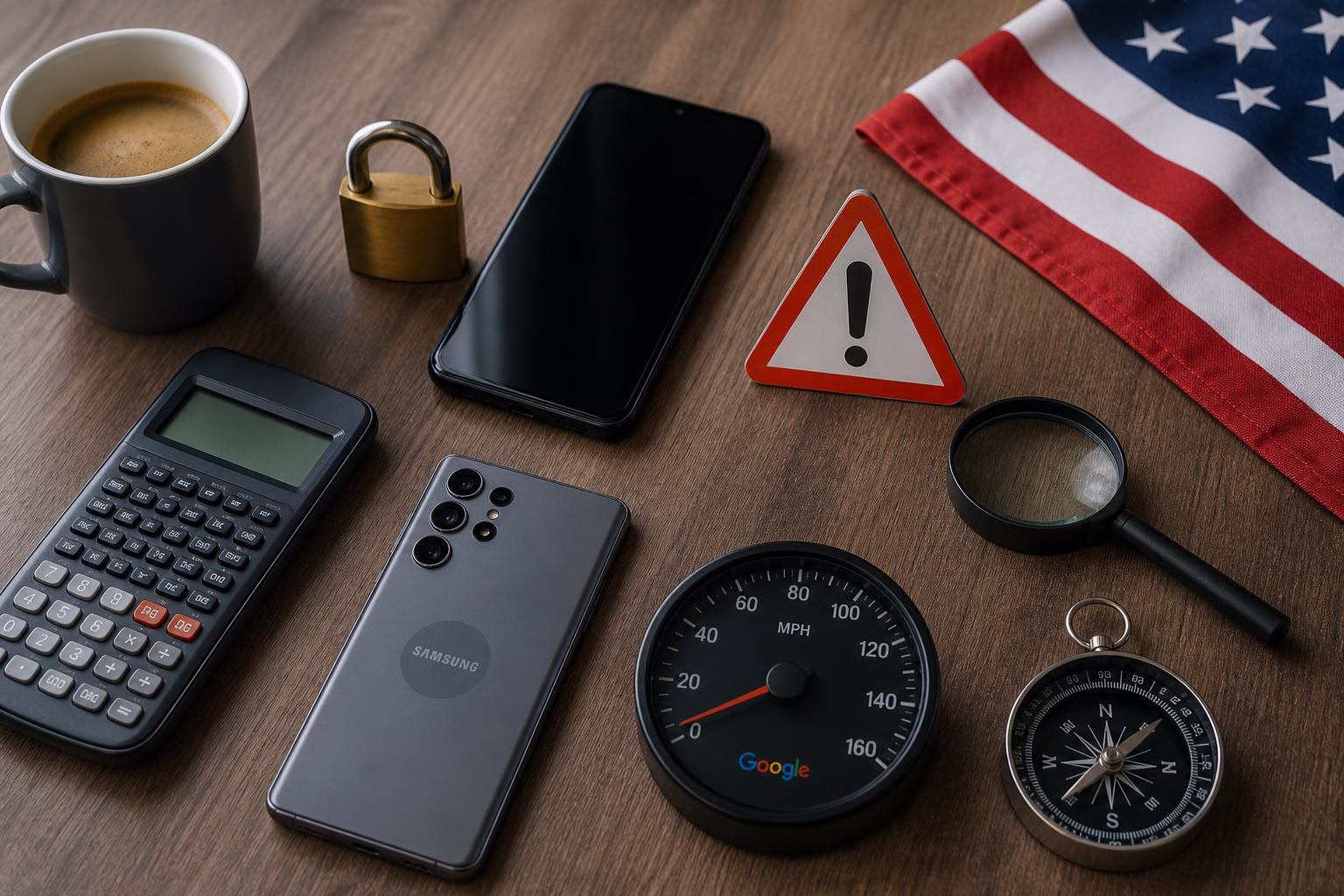 KDB Tech-Update 202608051504 Schreibtisch mit Kaffeetasse, Smartphone, Warnschild, Vorhängeschloss, Taschenrechner, Lupe, Tachometer und Kompass als Technik-/Sicherheits-Update.