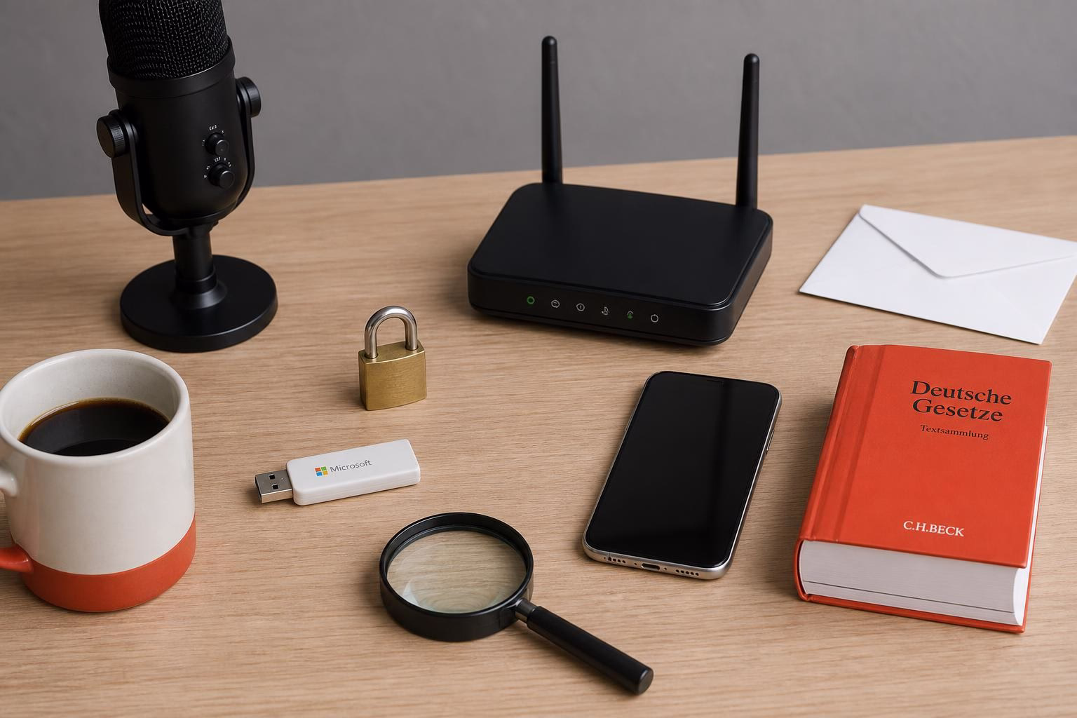 KDB Tech-Update 202608060501 Schreibtisch mit Mikrofon, WLAN-Router, Smartphone, USB-Stick, Vorhängeschloss, Gesetzbuch und Lupe; steht für Recherche, Sicherheit und Technik-Update.