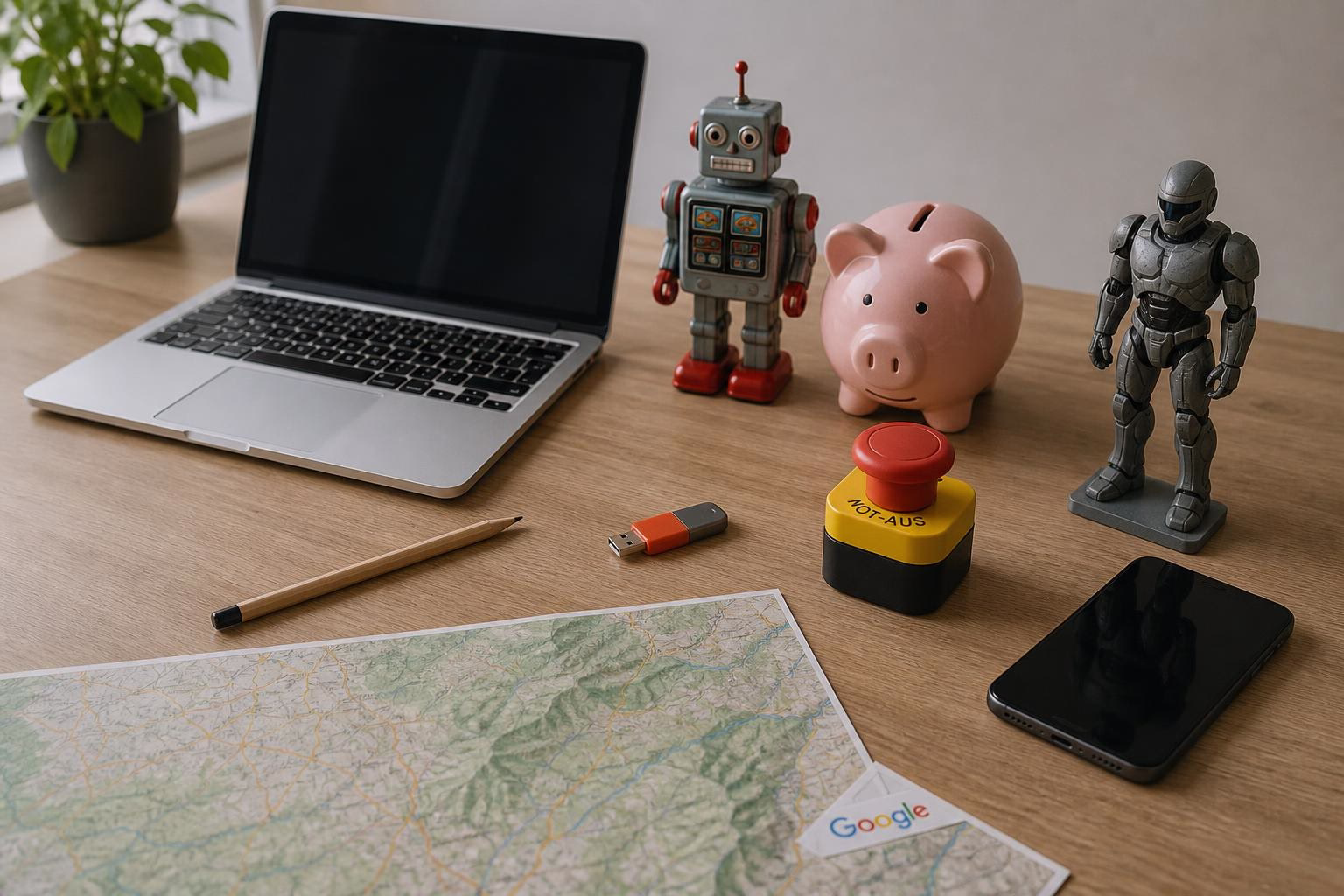 KDB Tech-Update 202608071503 Schreibtisch mit Laptop, Smartphone, Landkarte, USB-Stick und kleinen Robotern; Not-Aus und Sparschwein als Symbol für Technik und Sicherheit.