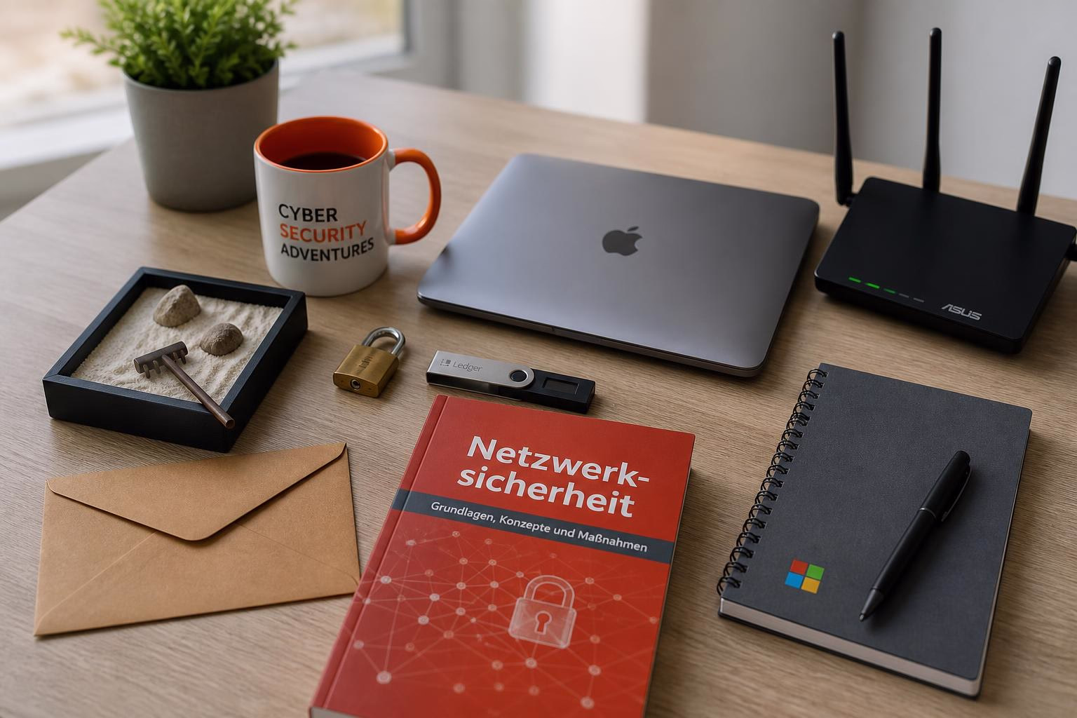 KDB Tech-Update 202608080503 Schreibtisch mit Kaffeetasse, Laptop, Router, Notizblock, Schloss und Fachliteratur „Netzwerk-Sicherheit“ als Symbol für IT-Sicherheit.