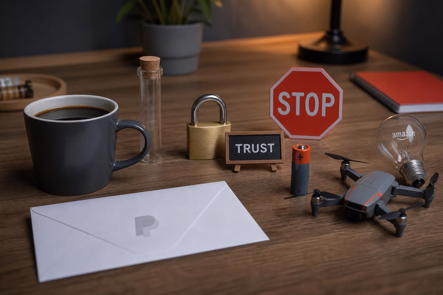 Schreibtisch-Setup mit Kaffeetasse, Glasreagenz, Vorhängeschloss „TRUST“, Stoppschild, Batterie, Modell-Drohne und Glühbirne—symbolisiert Sicherheit und Technik.