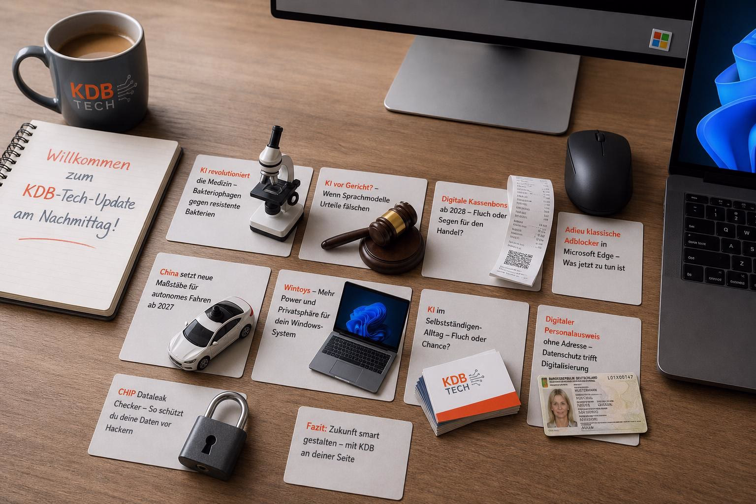 KDB Tech-Update 202608091504 Schreibtisch mit Kaffeetasse, Notizbuch und mehreren Infokarten zu KI, Datenschutz und Digitalisierung; Mikroskop, Gerichtshammer, Kassenbon, Schloss, Personalausweis.