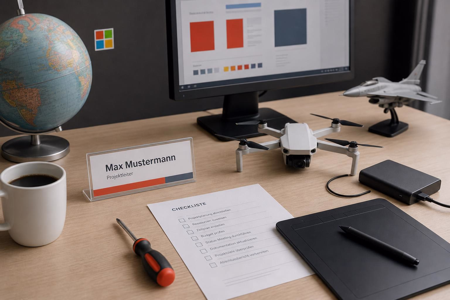 KDB Tech-Update 202608101505 Schreibtisch mit Monitor und Checkliste; Modell-Drohne, Modell-Jet, Globus, Externspeicher und Grafiktablett für Projektplanung und Technik-Review.