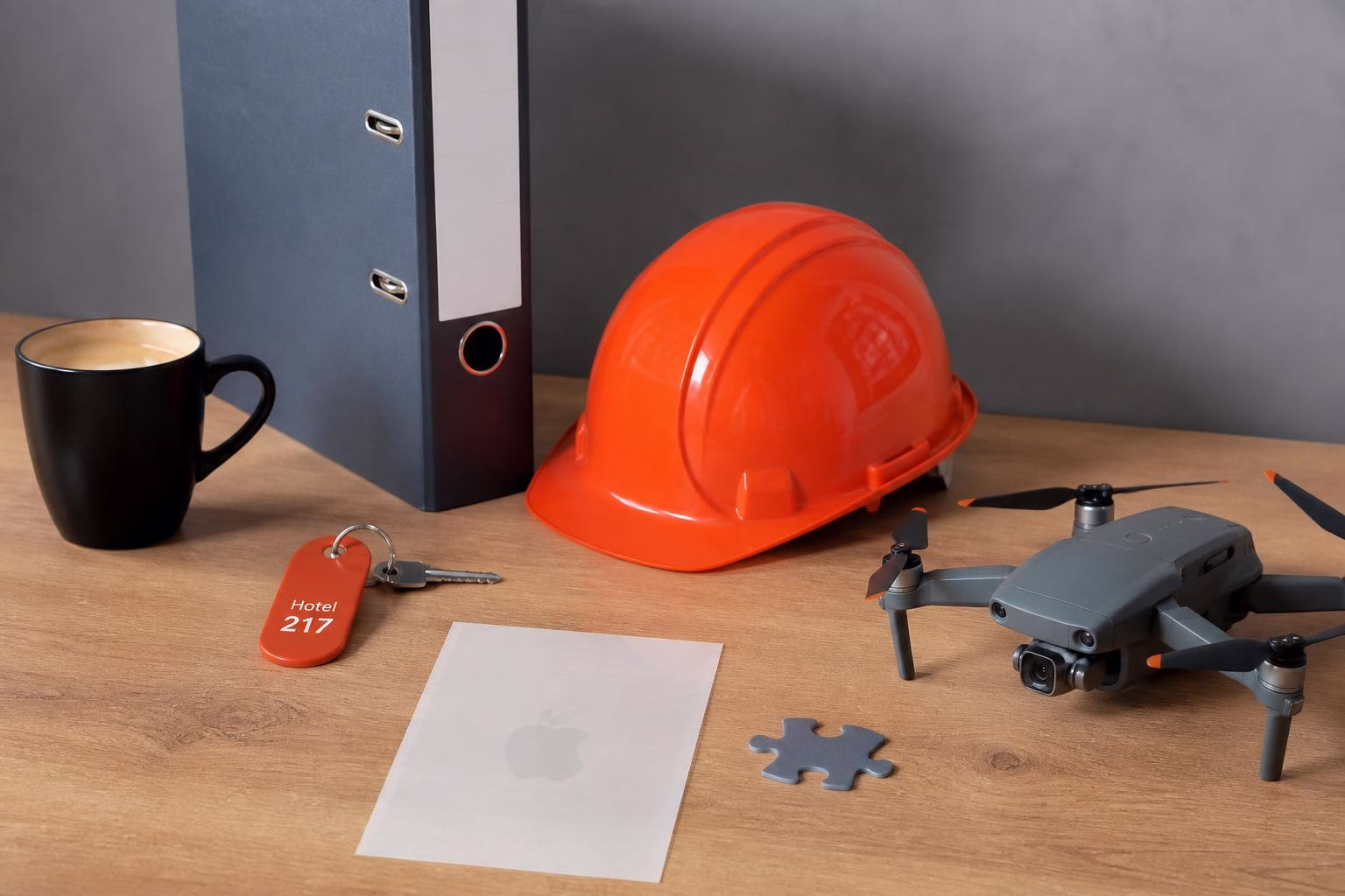 Schreibtisch mit Kaffeetasse, Aktenordner, Hotelzimmerschlüssel, Schutzhelm, Drohne, Schlüsselanhänger und Puzzle-Teil; Hinweis auf Vorbereitung/Arbeitsumfeld.