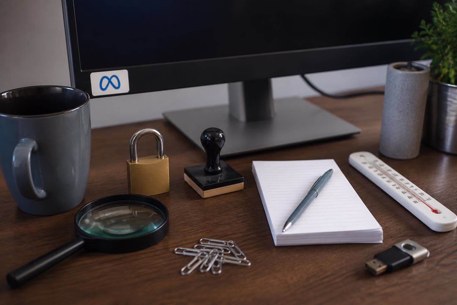 KDB Tech-Update 202608111502 Schreibtisch mit Vorhängeschloss, Lupe, Notizblock, Stift, USB-Stick und Thermometer; vor dem Monitor zur Arbeit und Prüfung der Sicherheit.