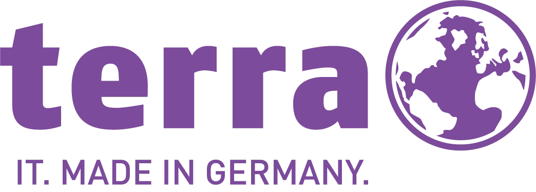 TERRA-unterzeile-lila Lila Globus-Emblem mit sitzender Figur über dem Schriftzug „terra“ und „VALUE PARTNER“ als Logo-Wiedererkennungszeichen.