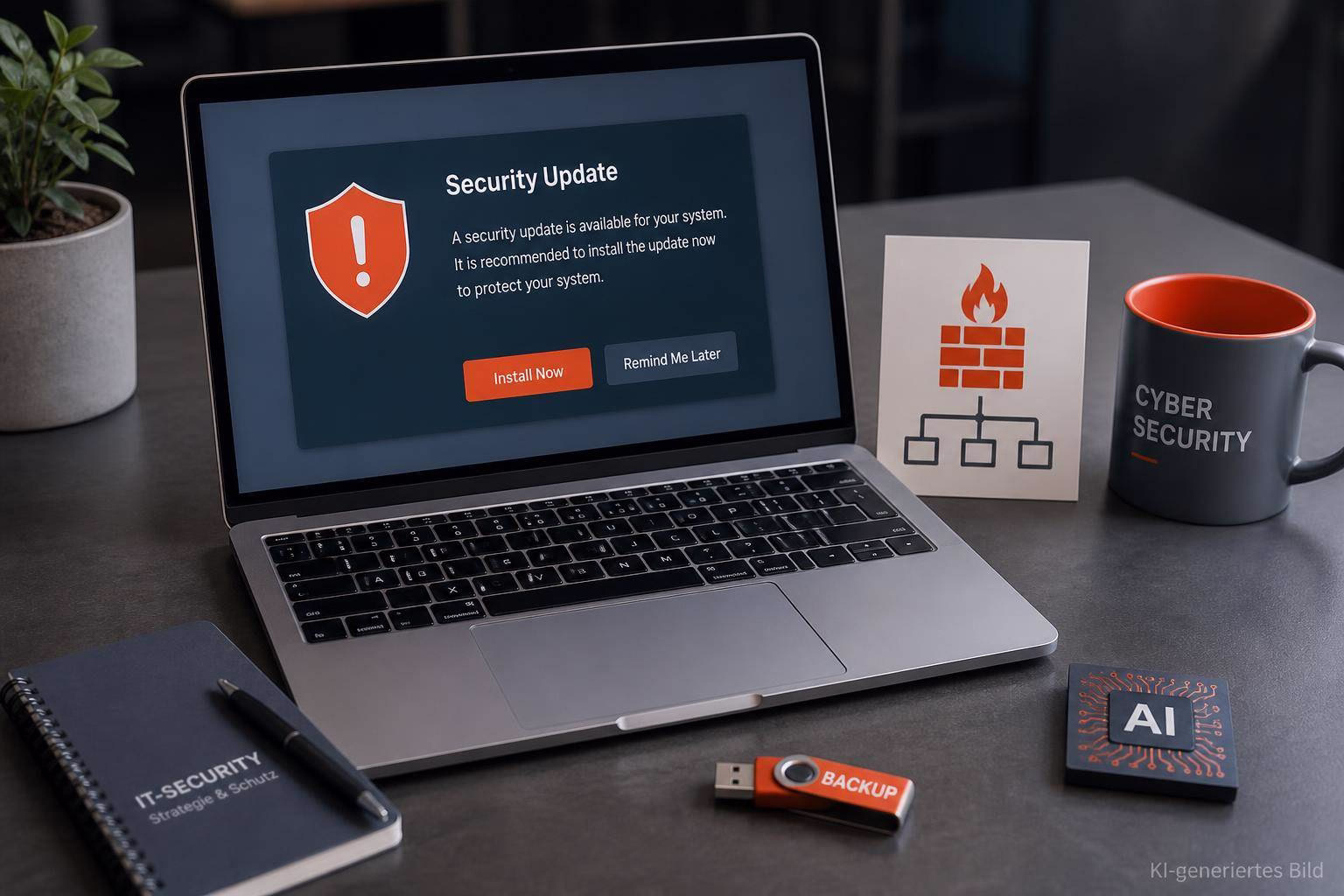 bild-kdb-techupdate Laptop mit Meldung „Security Update“ und Warnschild, dazu Backup-USB und „Cyber Security“-Grafik als Hinweis zum Schutz durch Updates.