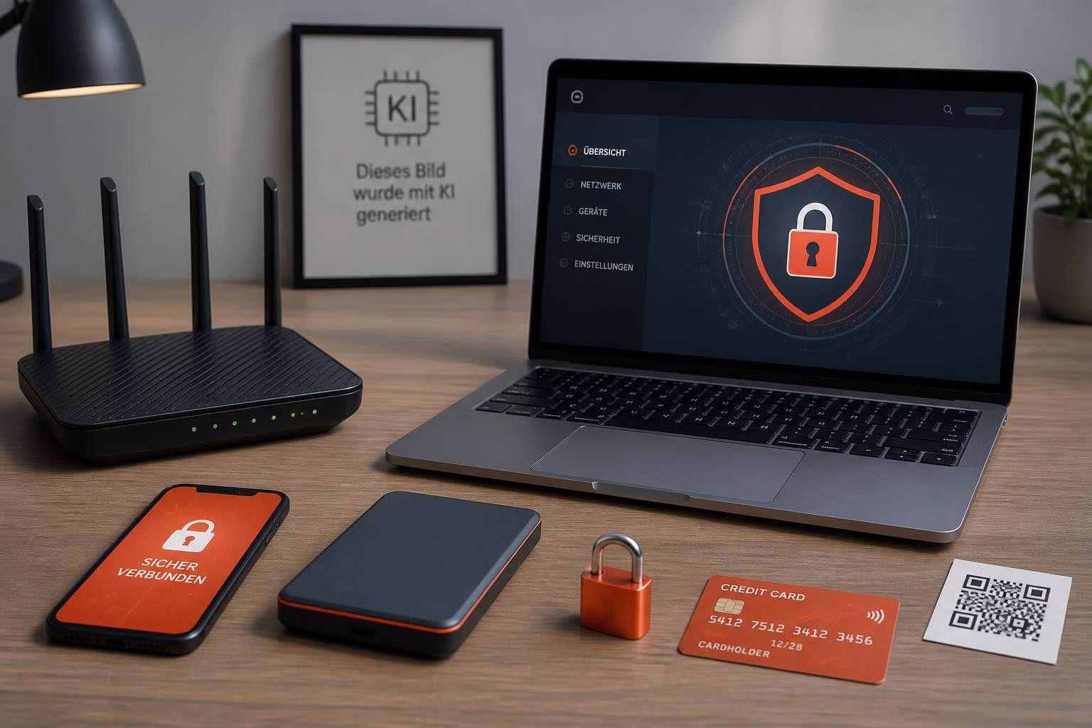 bild-kdb-techupdate Laptop mit Sicherheits-Symbol und entsperrtem Schloss-Overlay, daneben Router, Smartphone, mobiles Guthaben/Plastikkarte, Schlüssel und QR-Code.