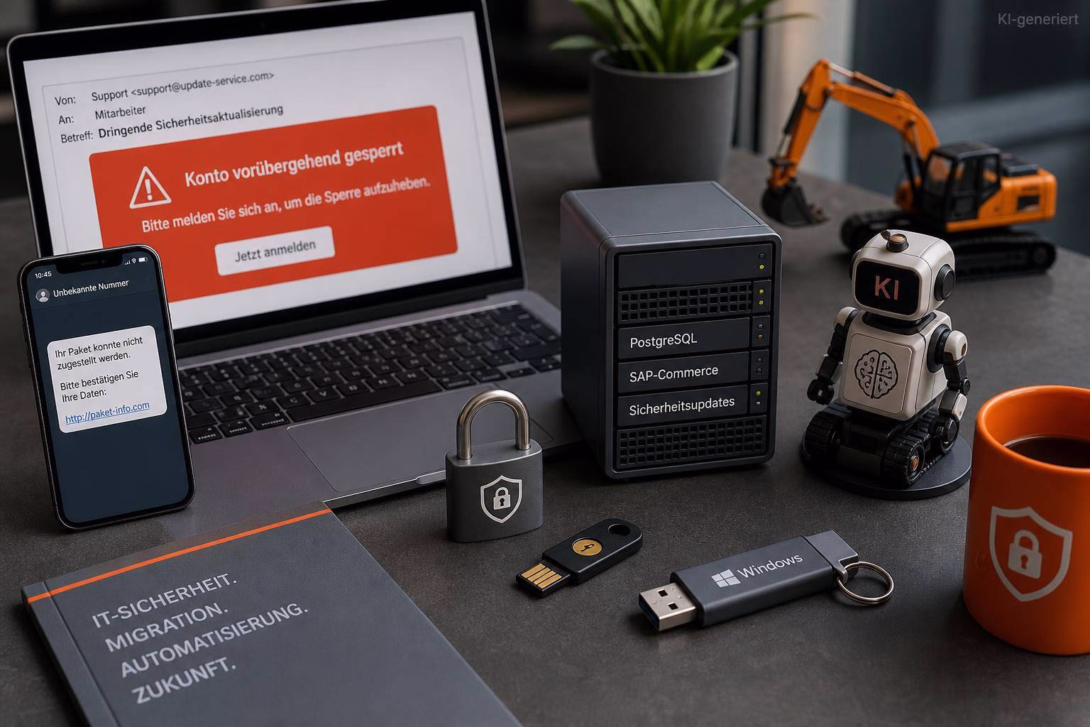 bild-kdb-techupdate Gesperrtes Konto auf Laptop-Display, umgeben von Schloss, USB-Sticks und Roboter, symbolisiert Sicherheitsaktualisierung und Schutz.