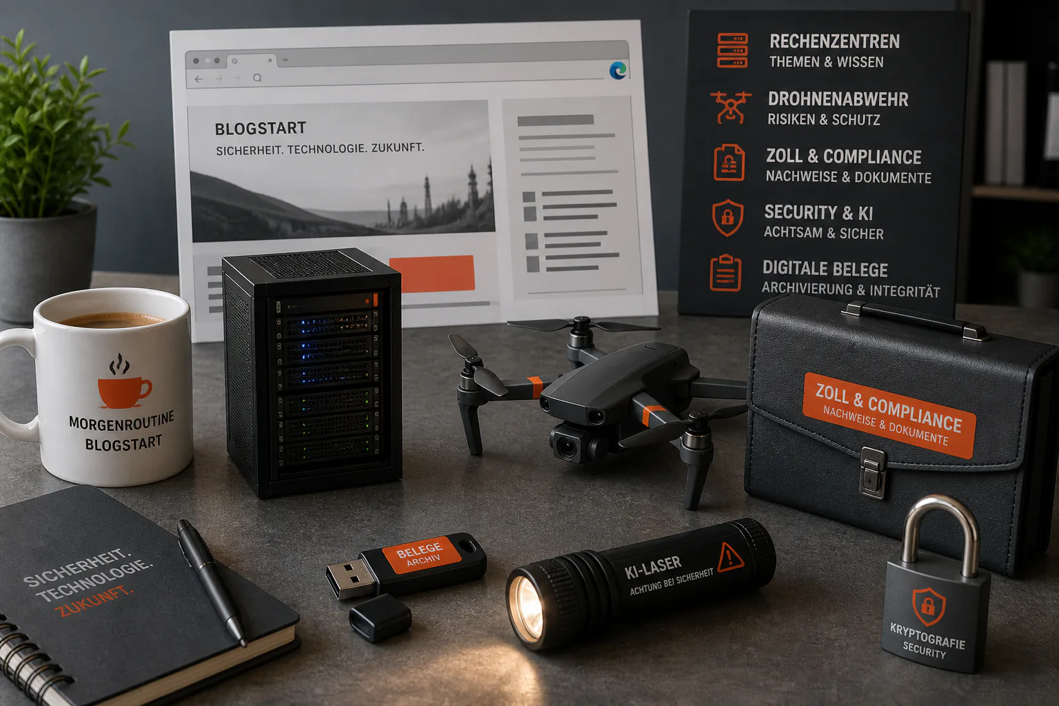 bild-kdb-techupdate-11 Serverrack, Drohne, Smartphone- und Dokumentensymbole sowie Sicherheitsordner auf Schreibtisch; Visualisierung von Rechenzentrum, Drohnenschutz und Compliance.