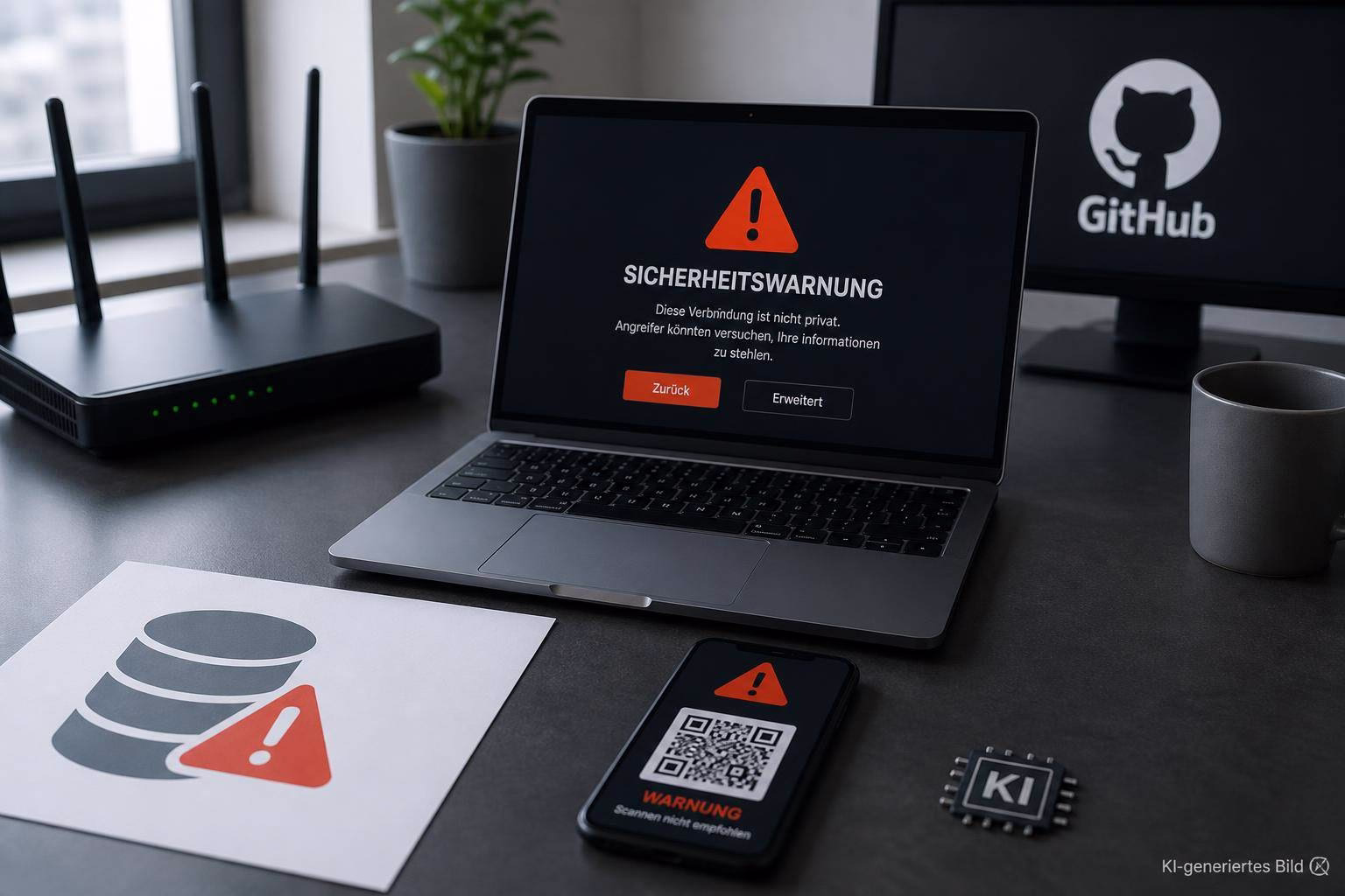 bild-kdb-techupdate Laptop mit Sicherheitswarnung „Diese Verbindung ist nicht privat“ und QR-Code-Handy auf Schreibtisch, Gefahrensymbol zur Nutzerwarnung.