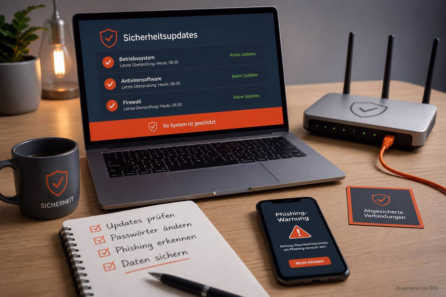 bild-kdb-techupdate Laptop-Display mit „Sicherheitsupdates“, daneben Router und Smartphone mit Warnhinweis; Notizen zur Prüfung von Updates, Passwörtern und Phishing.