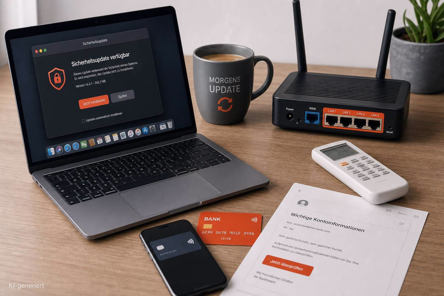 bild-kdb-techupdate Laptop zeigt Sicherheitsupdate, daneben Router mit LAN-Ports, Smartphone und Fernbedienung; im Vordergrund liegt ein Formular zur Datenbestätigung.