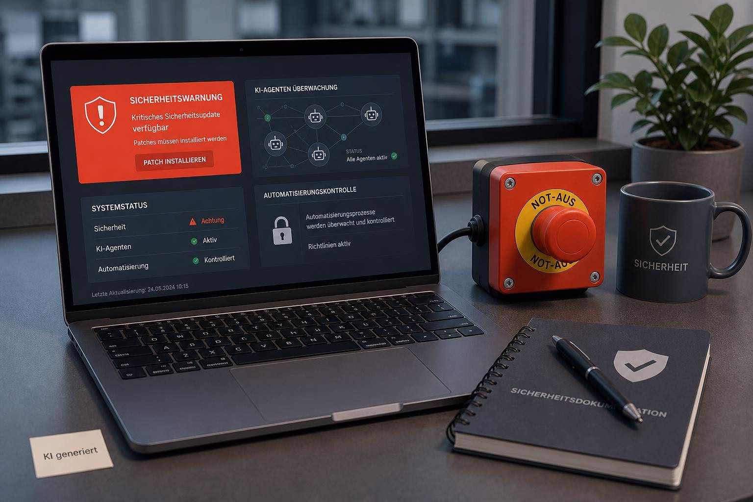 bild-kdb-techupdate Laptop-Überwachungsdashboard mit Sicherheitswarnung, Not-Aus-Steuerbox und Sicherheitsdokumenten auf Tisch; zeigt Kontroll- und Schutzfunktion.