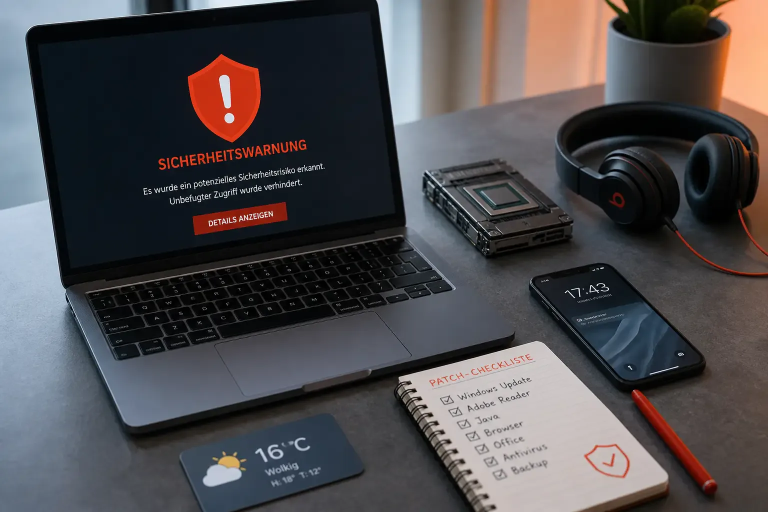 bild-kdb-techupdate-15 Laptop mit Sicherheitswarnung, daneben Smartphone, Kopfhörer, Patch-Checkliste und Werkzeug—Hinweis auf erkanntes Risiko und Maßnahmen.