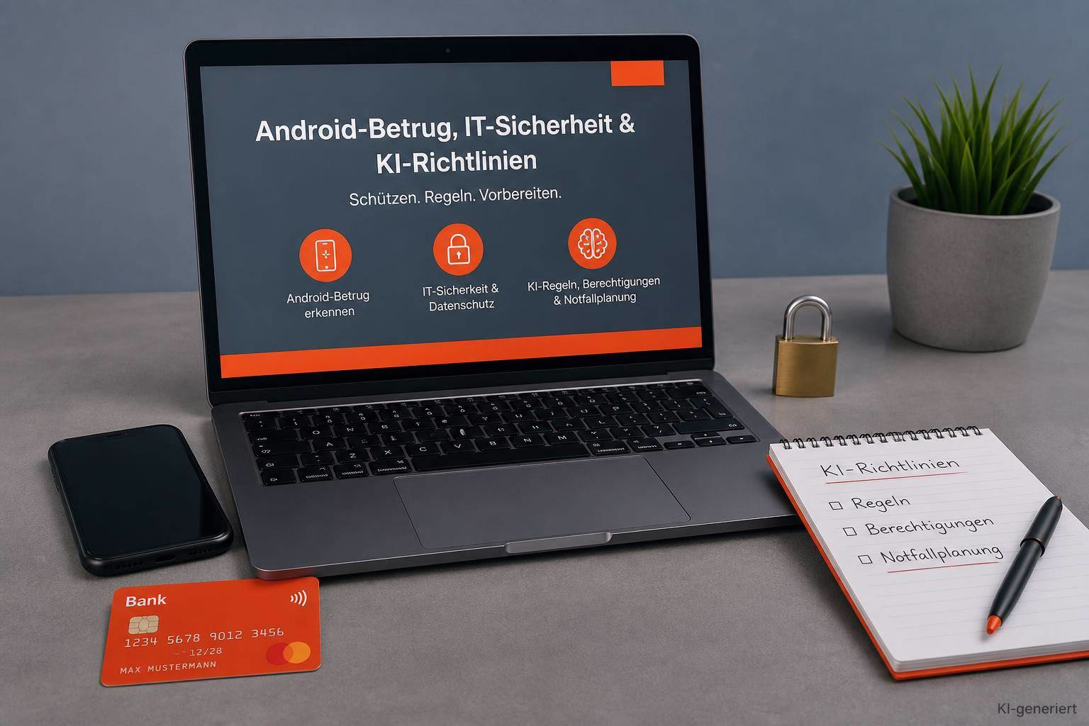 bild-kdb-techupdate Laptop mit Notizen „KI-Richtlinien“ und Checkliste; daneben Smartphone, Kreditkarte und Schloss als Symbol für IT-Sicherheit und Betrugsprävention.