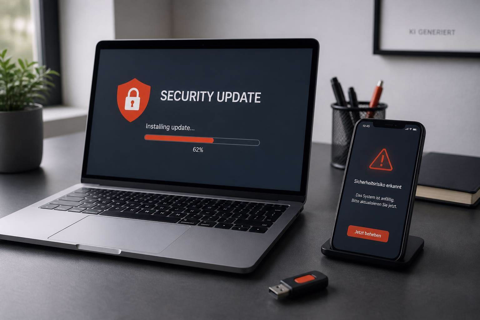 bild-kdb-techupdate Laptop zeigt „Security Update“ mit Fortschrittsbalken 62% und Warnsymbol; Smartphone meldet Sicherheitsrisiko und fordert Aktualisierung.
