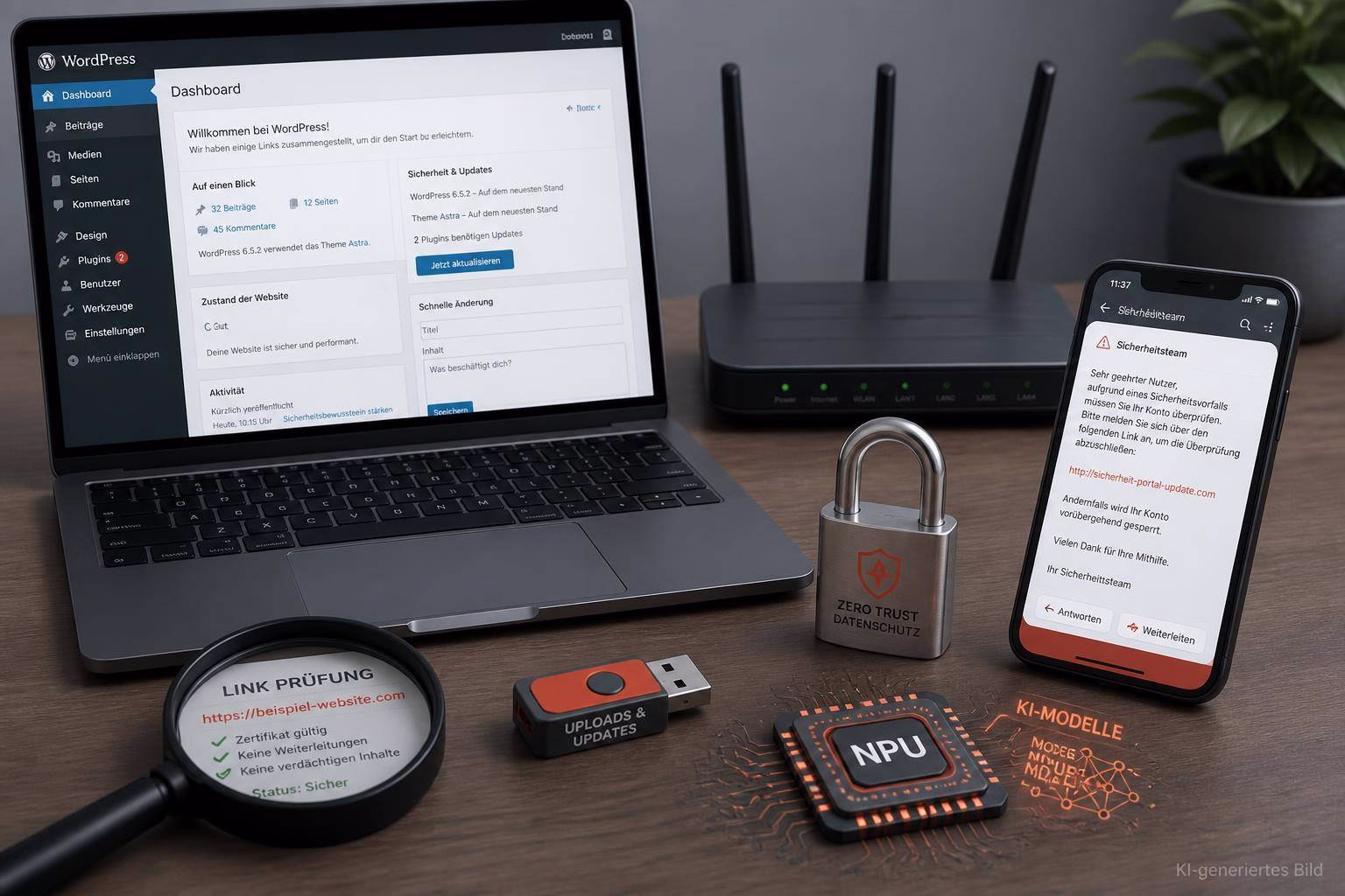 bild-kdb-techupdate Laptop mit WordPress-Dashboard, daneben Smartphone mit Sicherheitswarnung, USB-Stick und Chip unter Schloss—Symbol für Linkprüfung und Update-Schutz.