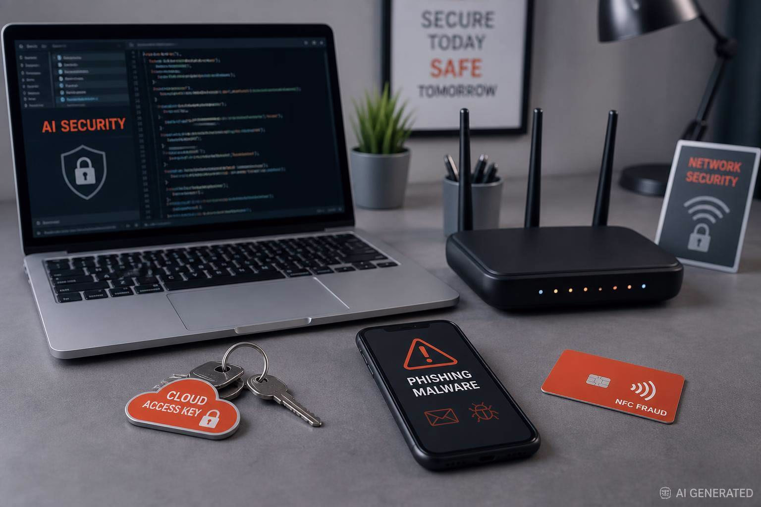 bild-kdb-techupdate Laptop mit Sicherheits-Code, Router, Handy mit Warnsymbol „Phishing/Malware“, Schlüsselanhänger und Chipkarte als Darstellung digitaler Netzwerk-Absicherung.