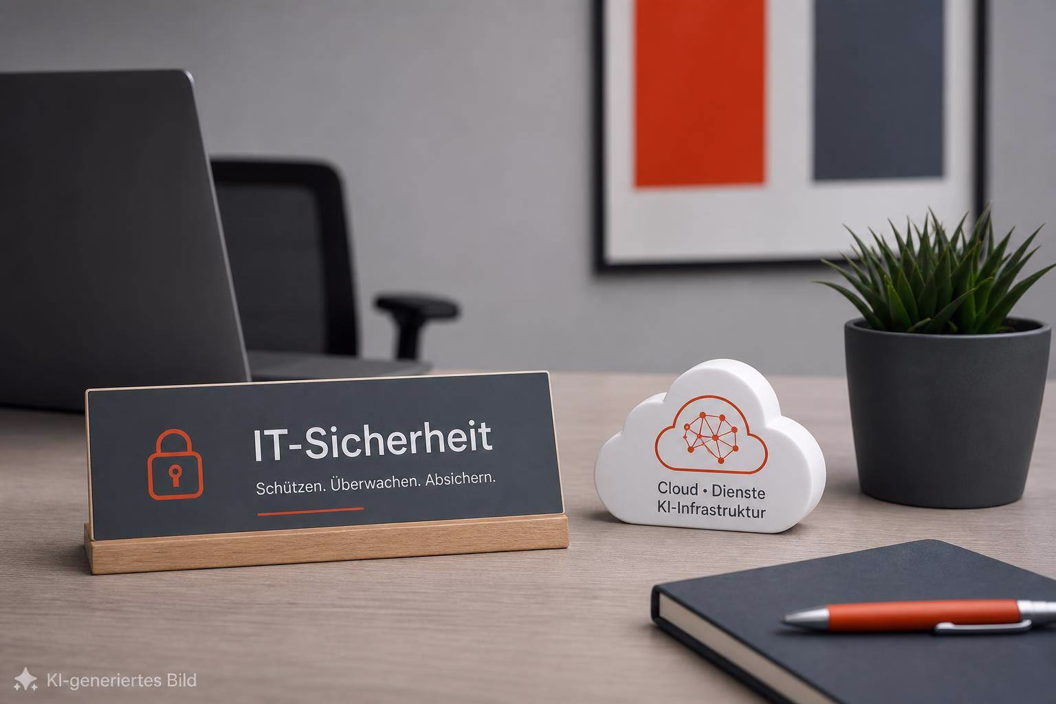 bild-kdb-techupdate Schild „IT-Sicherheit“ neben Cloud-Icon auf Tisch; Visualisiert Schutz und Überwachung von Cloud-Diensten und KI-Infrastruktur.