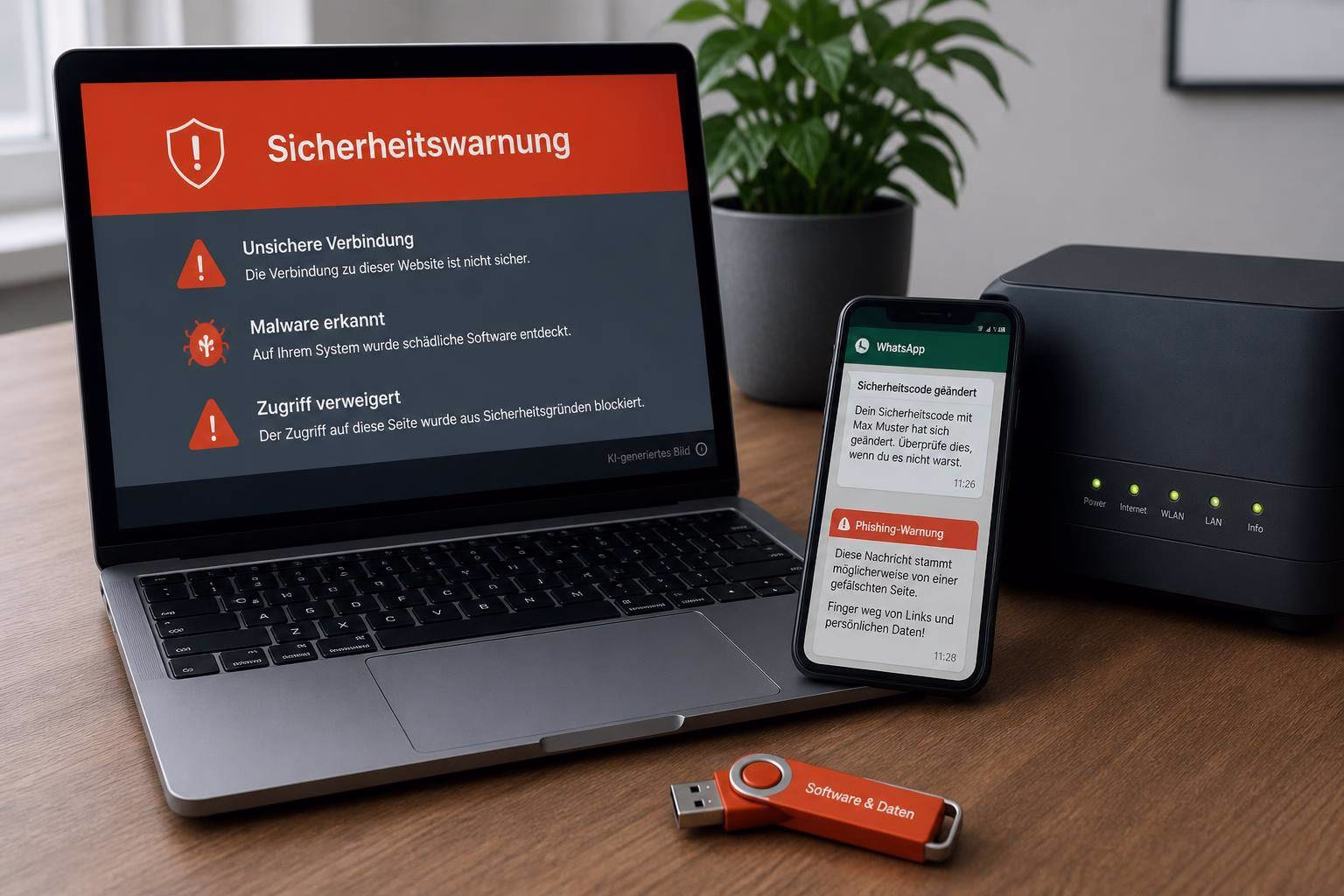 bild-kdb-techupdate Laptop und Smartphone zeigen Sicherheitswarnungen zu unsicherer Verbindung, Malware und Phishing; dient zur Darstellung von Cyber-Schutzmaßnahmen.